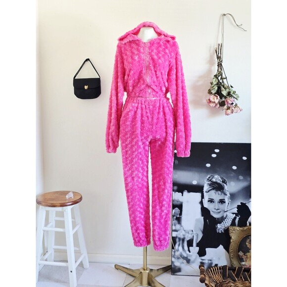Hot Pink Hooded Crop Sweatershirt And Jogger Set Lounge S - Picture 1 of 6